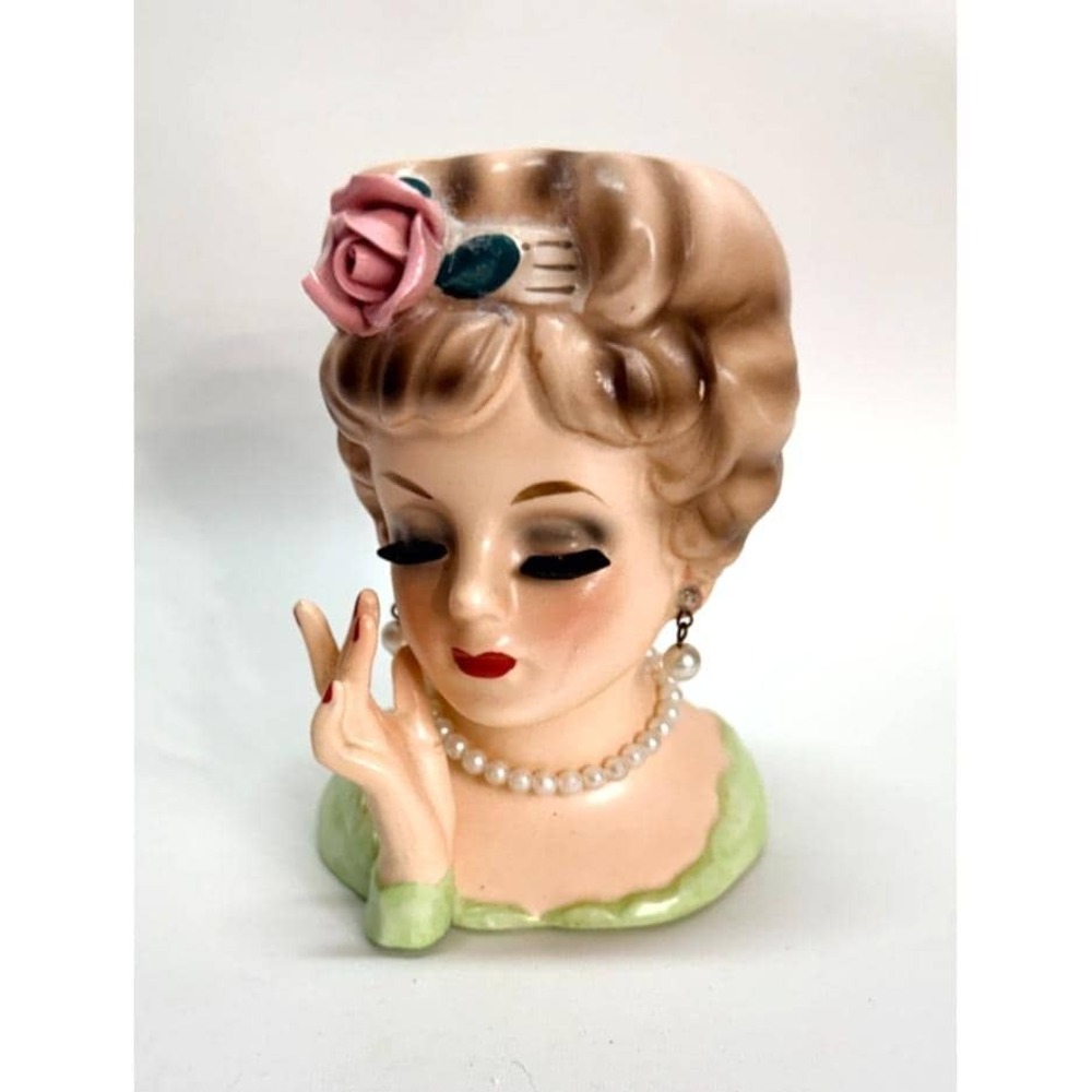 Vintage 1961 Inarco Lady Head Vase E-193/S Hand to Face Rose Pearls Japan 4.5"